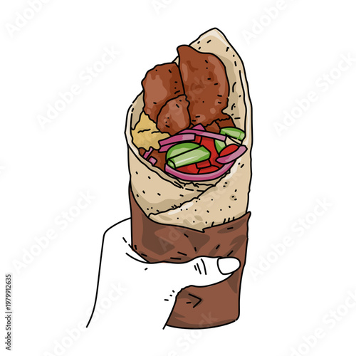 a hand holding a wrap with meat and onion vegetables. Kebab for meal on street food