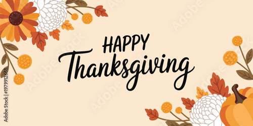 Happy thanksgiving banner with autumn flowers and pumpkin illustration orange sunflower with white chrysanthemum and fallen leaves.