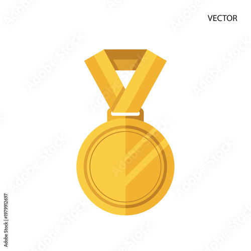 A simple flat design illustration of a shiny gold medal with a yellow ribbon, symbolizing victory and achievement.