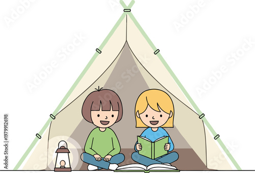 Children Reading Books in Tent Vector Set with Lantern, Cozy Camping and Adventure Themes for Kids