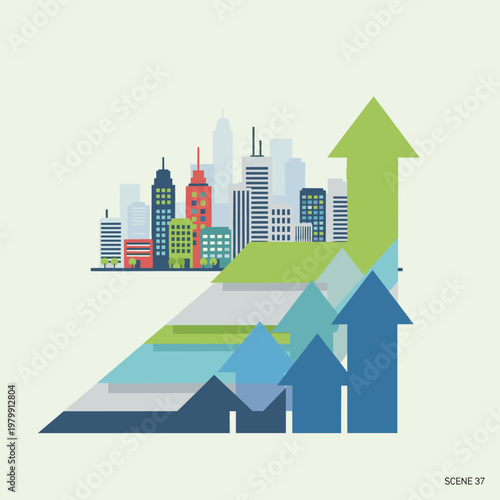Urban cityscape with rising arrows symbolizing economic growth and business development.