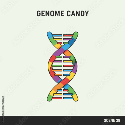 Vibrant rainbow-colored DNA double helix illustration with 'Genome Candy' text on a light background, representing genetic information.