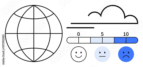 Customer feedback, survey analysis, data , user engagement, global reach, sentiment tracking. A globe icon, satisfaction scale and mood emoticons. Customer feedback and survey analysis