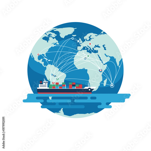 A container ship sailing on water in front of a globe with interconnected trade routes, symbolizing global logistics and international shipping.