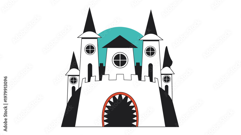 Naklejka premium Stylized white castle with prominent black spires, an inviting orange archway entrance, and a striking dark teal circle as a dramatic background element.