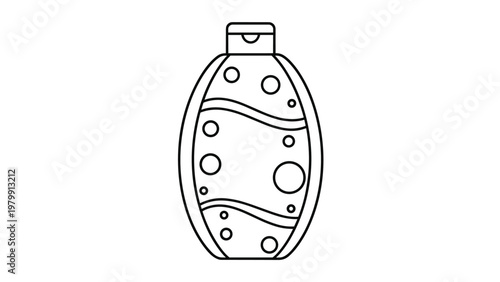 Minimalist black and white line drawing of a stylish shampoo or lotion bottle, adorned with playful bubbles and elegant wavy line patterns.