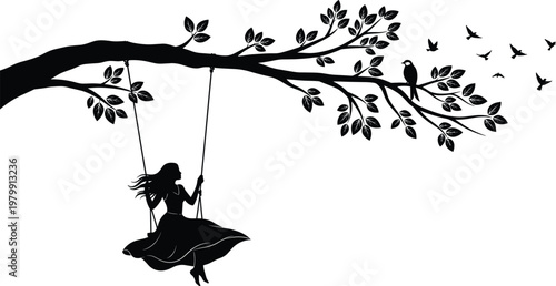 Silhouette of Girl Sitting on Swing Hanging from Tree Branch with Birds Flying in Nature Scene, Peaceful Freedom Concept Vector Illustration
