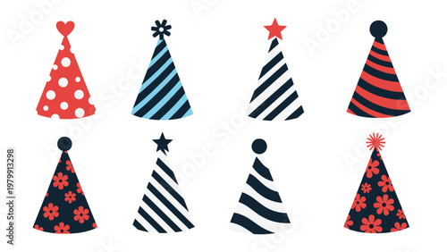 Festive collection of eight unique party hats, each adorned with a delightful array of patterns, including polka dots, stripes, and charming flowers in red, blue, and black.