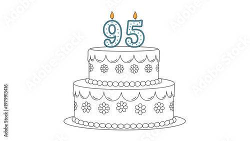 Elegant outline of a two-tiered birthday cake, beautifully adorned with delicate flower patterns and scalloped edges, topped with "95" shaped celebratory candles.