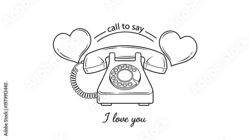 Nostalgic illustration featuring a vintage rotary telephone with a heartfelt message "call to say I love you", beautifully framed by two romantic hearts.