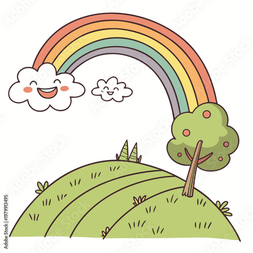 Colorful cartoon rainbow, smiling cloud, green hill landscape, vector illustration