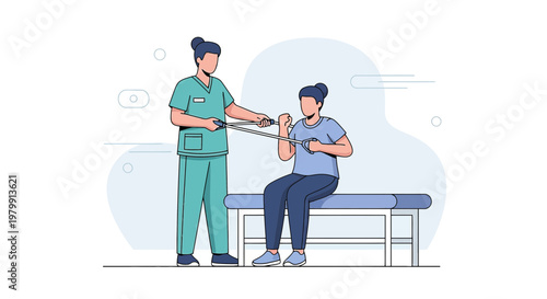 Physical therapist assisting patient with resistance band exercise for arm rehabilitation