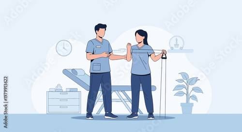 Physical therapist assisting patient with resistance band exercise for arm rehabilitation