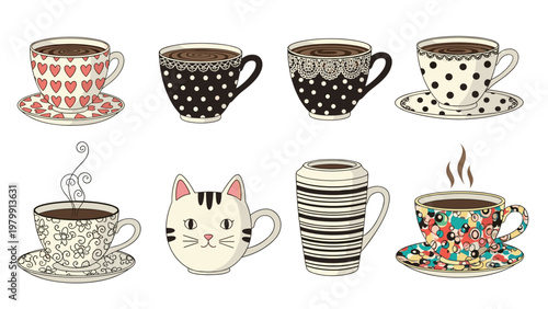 Charming collection of eight uniquely designed decorative coffee cups and matching saucers, showcasing an array of delightful patterns and shapes, including an adorable cat-shaped mug.