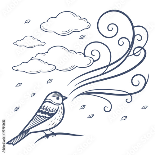 Bird, cloudy sky, swirling wind, vector illustration, blue lines, whimsical design