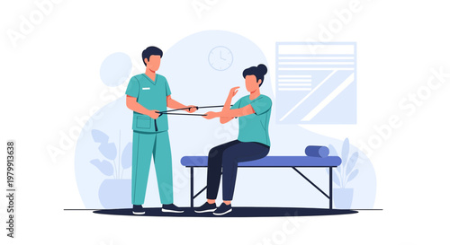 Physical therapist assisting patient with resistance band exercise for arm rehabilitation