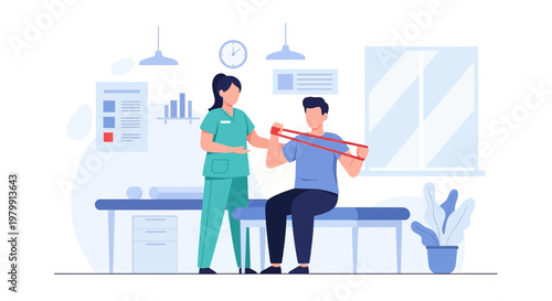 Physical therapist assisting patient with resistance band exercise for rehabilitation