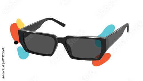 Bold and stylish pair of black, rectangular sunglasses featuring thick, modern frames, prominently displayed against a backdrop of vibrant, abstract, organic colored shapes.