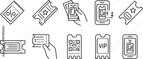 Set of tickets icons isolated on transparent background with various event and discount entry symbols.