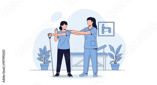 Physical therapist assisting patient with resistance band exercise for rehabilitation