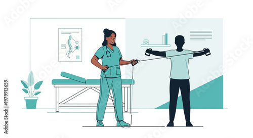 Physical therapist assisting patient with resistance band exercise for rehabilitation