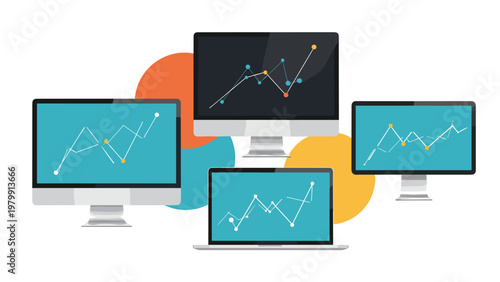 Array of screens, including desktop monitors and a laptop, all showcasing dynamic financial graphs and vital data, set against a background of abstract, vibrant colored circles.