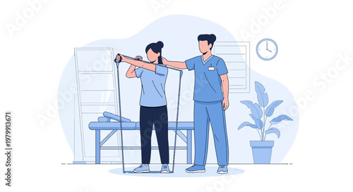 Physical therapist assisting patient with resistance band exercise for rehabilitation