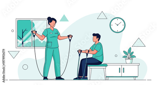 Physical therapist assisting patient with resistance band exercise for rehabilitation