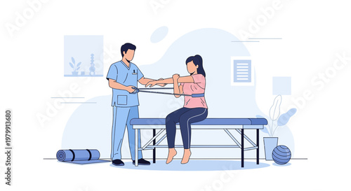 Physical therapist assisting patient with resistance band exercise for rehabilitation