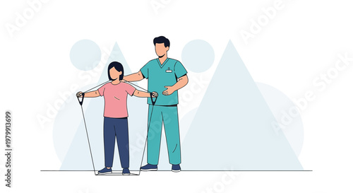 Physical therapist assisting patient with resistance band exercise for rehabilitation