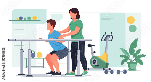 Physical therapist assisting patient with squat exercise in rehabilitation gym