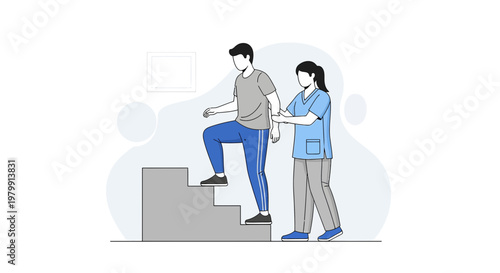 Physical therapist assisting patient with stair climbing for rehabilitation and recovery