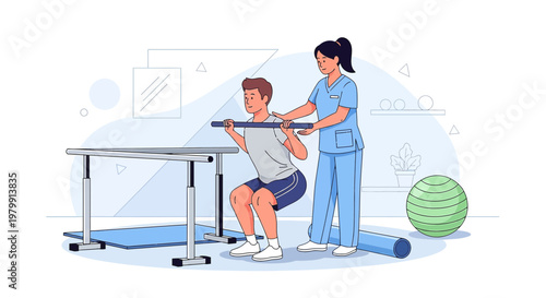 Physical therapist assisting patient with squat exercise using parallel bars and weight