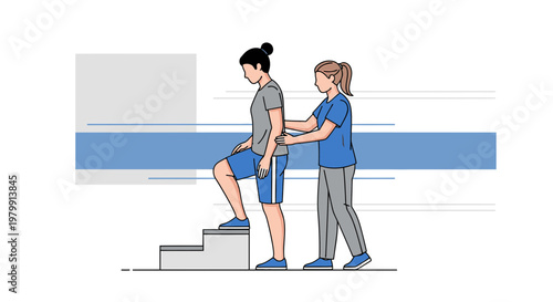 Physical therapist assisting patient with stair climbing for rehabilitation and recovery.