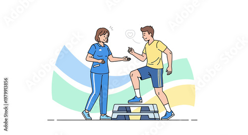 Physical therapist assisting patient with step-up exercise for rehabilitation