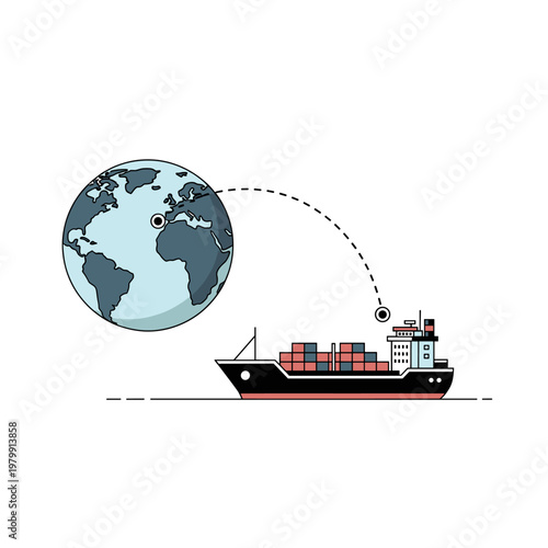 Global shipping and logistics concept with cargo ship transporting containers across the world.