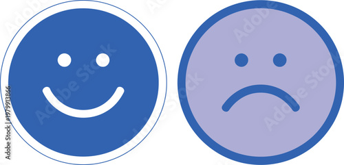 Two circular emoticons showing contrasting emotional expressions of happiness and sadness in bright blue tones