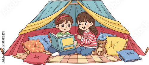 Children Reading Together in Cozy Tent with Teddy Bear and Pillows Vector Set for Playtime and Bedtime Stories