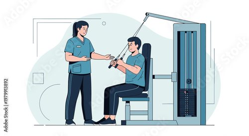 Physical therapist assisting patient with strength training on a cable machine