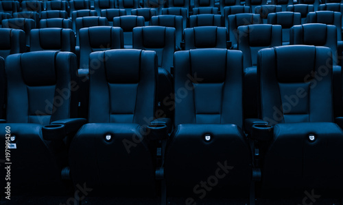 Fotografie Rows of empty blue cinema seats in modern movie theater