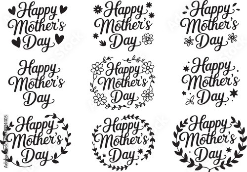Happy mothers day lettering set with floral frames and heart ornaments for greeting card decoration and creative graphic projects.