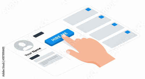 Isometric Illustration of a Hand Clicking a Hire Me Button on a Digital Job Profile or Resume Interface for Online Recruitment and Hiring Concepts