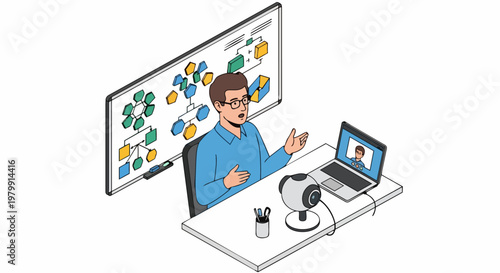Isometric Illustration of a Teacher Giving an Online Presentation with Flowcharts and Video Call Technology