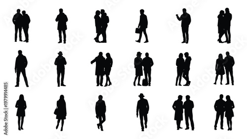 A collection of black silhouettes depicts various couples and individuals engaged in different interactions and poses high quality professional detailed modern