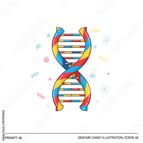 A colorful, cartoon-style illustration depicting a DNA double helix made of candy, with scientific and sweet motifs in the background, on a white background.