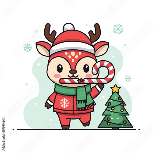 A cute cartoon reindeer dressed in winter clothes holding a candy cane next to a small Christmas tree with snowflakes.