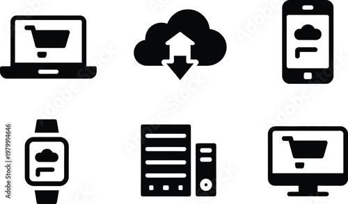 Essential digital technology icons featuring shopping carts cloud storage mobile devices and computer server equipment elements