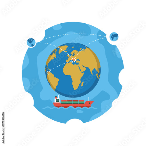 Global shipping and logistics network illustration with cargo ship and world map.