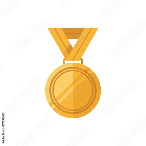 Bright golden medal with a yellow V-shaped ribbon, symbolizing victory, achievement, and success in competitions.