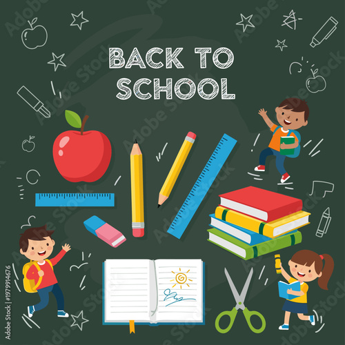 A vibrant 'Back to School' illustration featuring happy children, various school supplies, and an apple, all set against a chalkboard background with decorative doodles.